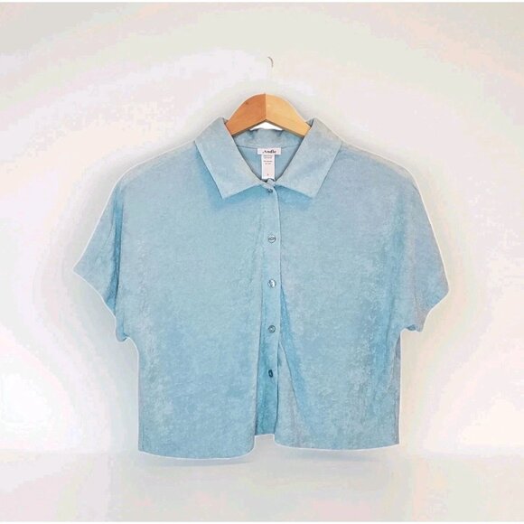 Andie Other - Andie The Cropped Button Up Sz Small Cabana Blue Terry Cloth Lounge & Resort Top